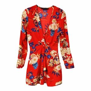 PrettyLittleThing Red Floral Wrap Dress Sz 4 Festival Spring Boho